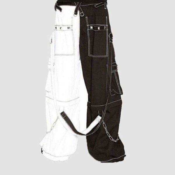 Mens Gothic Cargo Pants – Black White Split Techwear Mens Gothic Cargo Pants – Black White Split Techwear