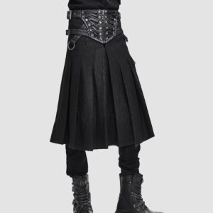Black Gothic Kilt Men - Black Pleated Strap Style
