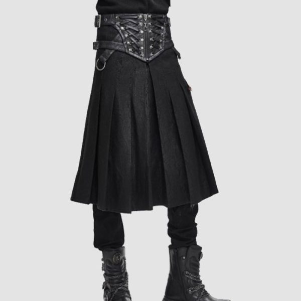 Black Gothic Kilt Men - Black Pleated Strap Style Black Gothic Kilt Men - Black Pleated Strap Style