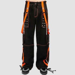 Gothic Punk Cargo Pants Mens – Black Orange Strap Chain Style