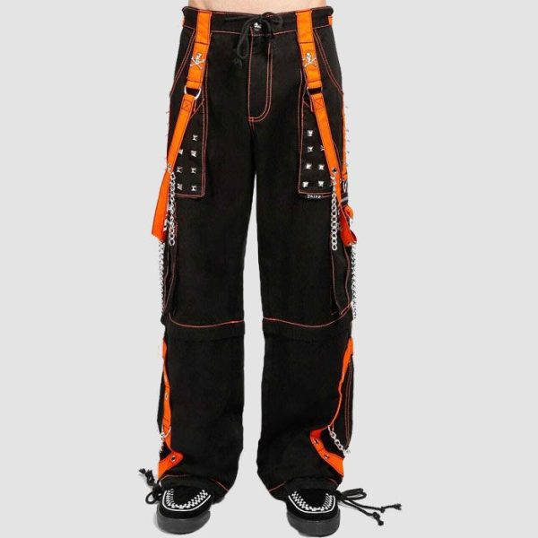 Gothic Punk Cargo Pants Mens – Black Orange Strap Chain Style