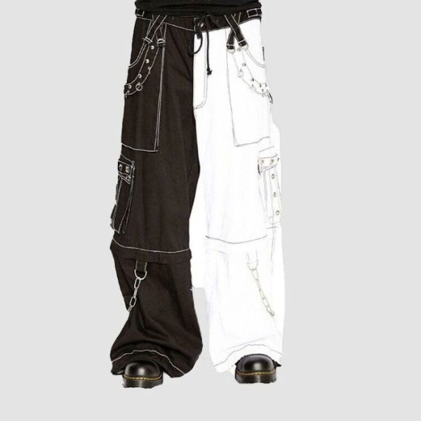 Mens Gothic Cargo Pants – Black White Split Techwear Mens Gothic Cargo Pants – Black White Split Techwear