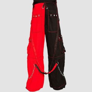 Mens Red Black Cyberpunk Cargo Pants Mens red black cyberpunk cargo pants with chain details and utility cargo pockets