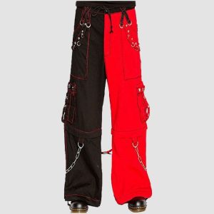 Mens red black cyberpunk cargo pants with chain details and utility cargo pockets