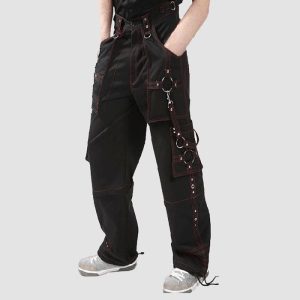 Mens cyber goth bondage pants with red stitching, metal rings, utility pockets, and adjustable gothic straps