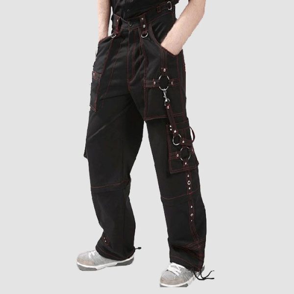 Mens cyber goth bondage pants with red stitching, metal rings, utility pockets, and adjustable gothic straps