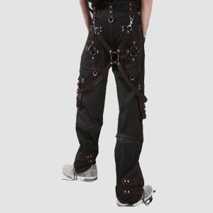 Mens Baggy Goth Pants Mens Baggy goth pants with red contrast stitching, adjustable straps, metal rings, and baggy gothic streetwear styling