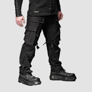Mens Black Gothic Cargo Pants with Tactical Straps