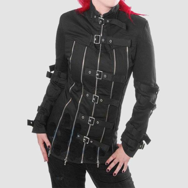 Womens Gothic Zip Jacket with Strap & Buckle Details Womens Gothic Zip Jacket with Strap & Buckle Details