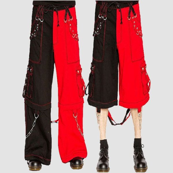 Mens Red Black Cyberpunk Cargo Pants Mens red black cyberpunk cargo pants with chain details and utility cargo pockets