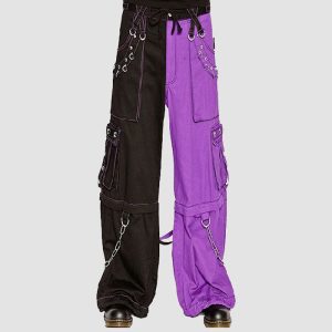 Black purple cyber goth pants with utility pockets, metal rings, and wide-leg alternative streetwear design