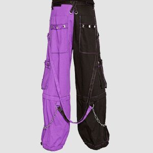 Black purple cyber goth pants with utility pockets, metal rings, and wide-leg alternative streetwear design