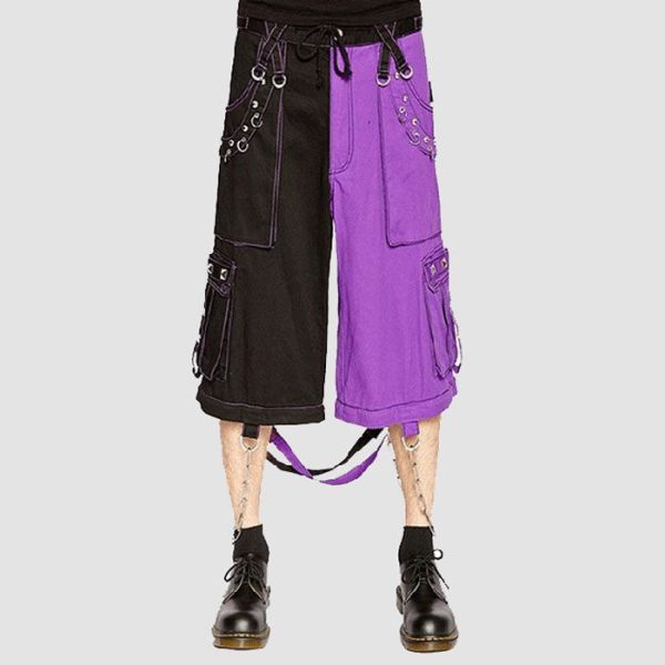 Black purple cyber goth pants with utility pockets, metal rings, and wide-leg alternative streetwear design