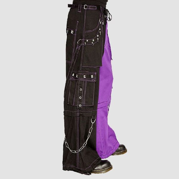 Black purple cyber goth pants with utility pockets, metal rings, and wide-leg alternative streetwear design