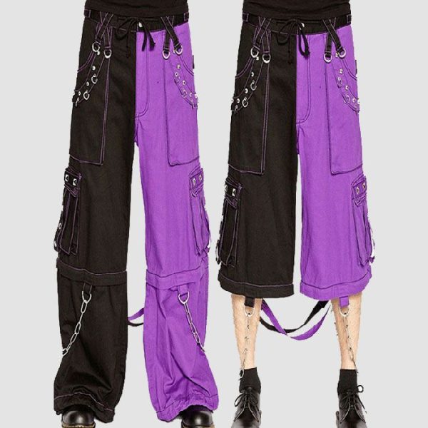 Black purple cyber goth pants with utility pockets, metal rings, and wide-leg alternative streetwear design