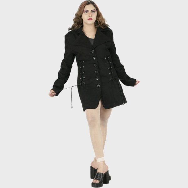 Black Gothic Coat for Women – Lace Up Waist Fit Black Gothic Coat for Women – Lace Up Waist Fit