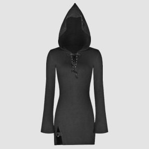 Womens Gothic Bodycon Dress with Hood & Lace-Up Detail