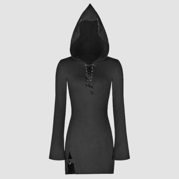 Womens Gothic Bodycon Dress with Hood & Lace-Up Detail Womens Gothic Bodycon Dress with Hood & Lace-Up Detail