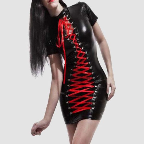 Black Gothic Bodycon Dress with Red Lace-Up Detail