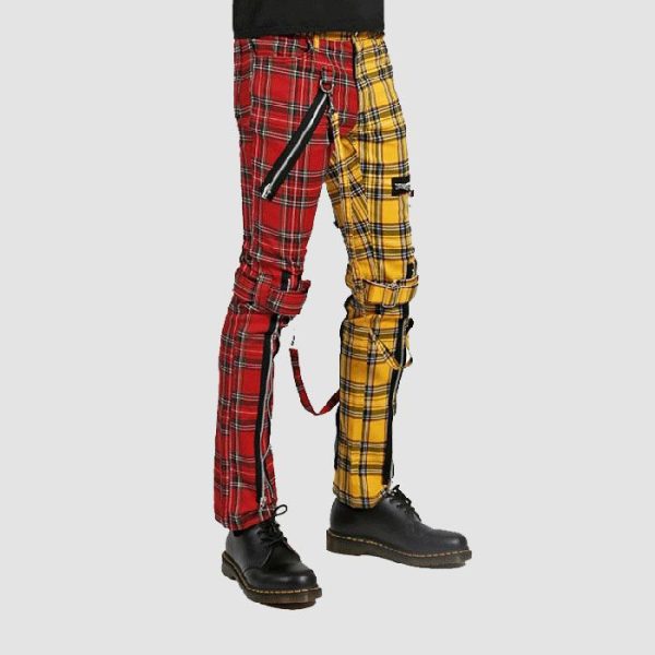 Red and Yellow Mens Punk Plaid Pants