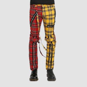 Red and Yellow Mens Punk Plaid Pants