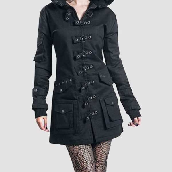Womens Gothic Hooded Coat with Multi-Pocket Design Womens Gothic Hooded Coat with Multi-Pocket Design
