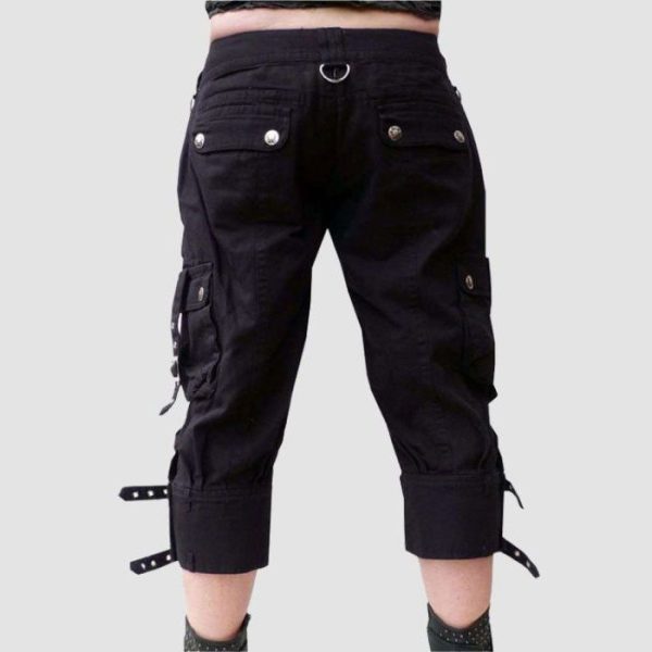 Womens Gothic Cargo Shorts – Black Buckle Capri Style Womens Gothic Cargo Shorts – Black Buckle Capri Style