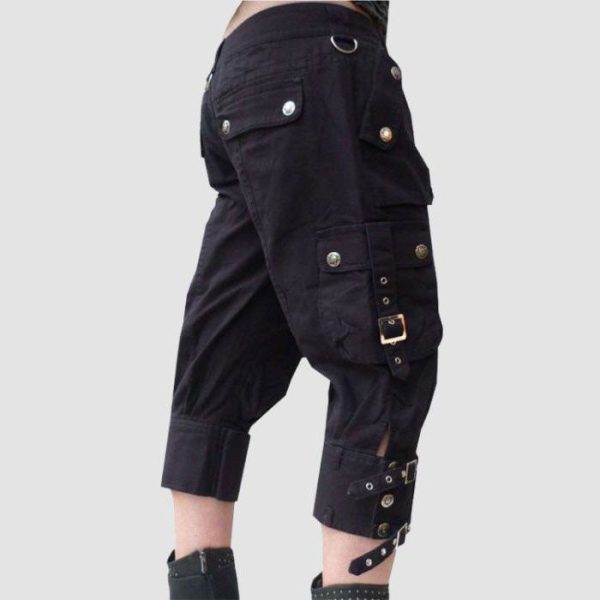 Womens Gothic Cargo Shorts – Black Buckle Capri Style Womens Gothic Cargo Shorts – Black Buckle Capri Style