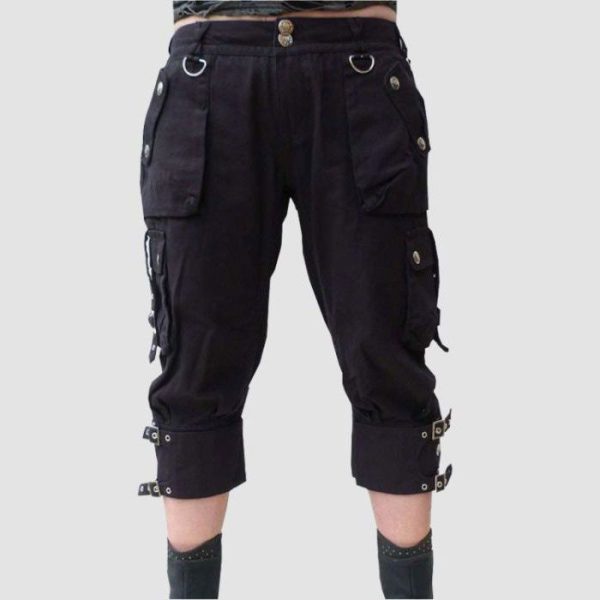 Womens Gothic Cargo Shorts – Black Buckle Capri Style Womens Gothic Cargo Shorts – Black Buckle Capri Style