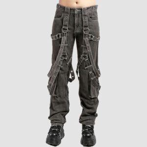 Mens gothic utility jeans in washed black denim featuring utility pocket detailing and industrial hardware accents