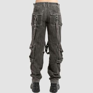 Mens gothic utility jeans in washed black denim featuring utility pocket detailing and industrial hardware accents