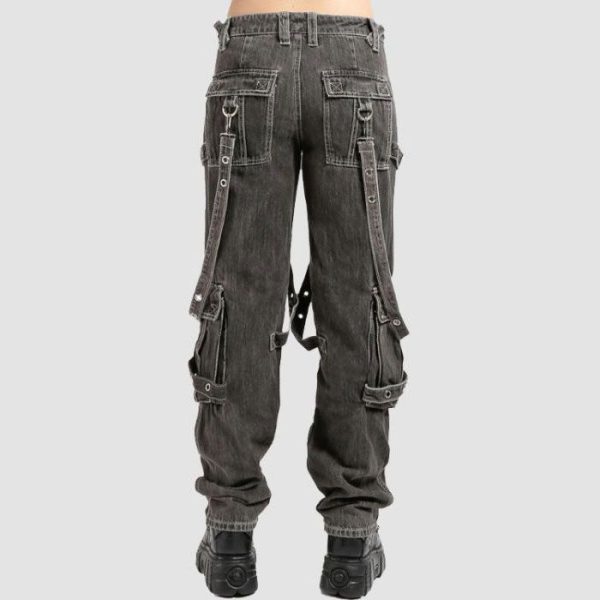 Mens gothic utility jeans in washed black denim featuring utility pocket detailing and industrial hardware accents