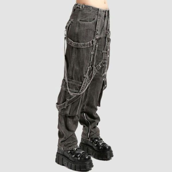 Mens gothic utility jeans in washed black denim featuring utility pocket detailing and industrial hardware accents