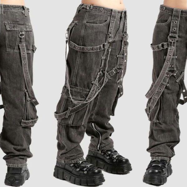 Mens gothic utility jeans in washed black denim featuring utility pocket detailing and industrial hardware accentsMens gothic utility jeans in washed black denim featuring utility pocket detailing and industrial hardware accents