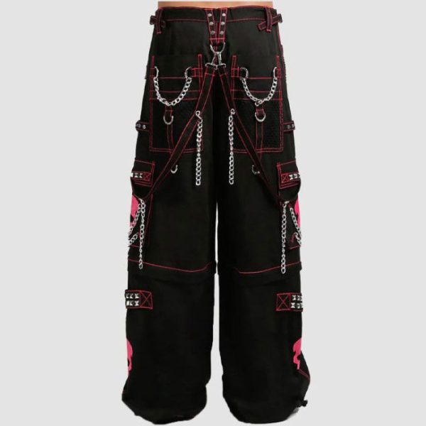 Black Pink Goth Skull Pants Black pink goth skull pants with skull graphics, chains, adjustable straps, and gothic streetwear styling