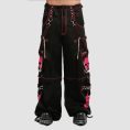 Black pink goth skull pants with skull graphics, chains, adjustable straps, and gothic streetwear styling
