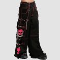 Black pink goth skull pants with skull graphics, chains, adjustable straps, and gothic streetwear styling