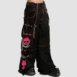 Black pink goth skull pants with skull graphics, chains, adjustable straps, and gothic streetwear styling