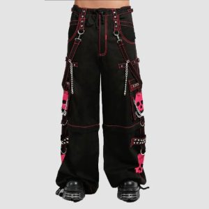 Black pink goth skull pants with skull graphics, chains, adjustable straps, and gothic streetwear styling