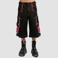 Black pink goth skull pants with skull graphics, chains, adjustable straps, and gothic streetwear styling