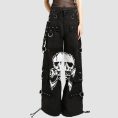 Gothic black skull cargo pants featuring oversized skull print, utility cargo pockets, metal ring hardware, and wide-leg alternative streetwear styling