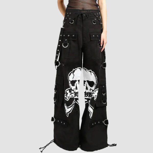 Gothic Black Skull Cargo Pants Gothic black skull cargo pants featuring oversized skull print, utility cargo pockets, metal ring hardware, and wide-leg alternative streetwear styling