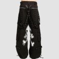 Gothic black skull cargo pants featuring oversized skull print, utility cargo pockets, metal ring hardware, and wide-leg alternative streetwear styling