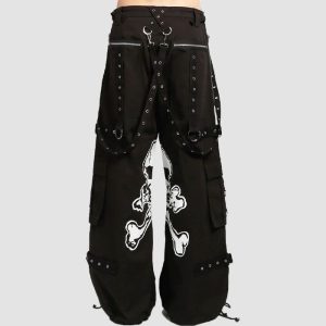 Gothic Black Skull Cargo Pants Gothic black skull cargo pants featuring oversized skull print, utility cargo pockets, metal ring hardware, and wide-leg alternative streetwear styling