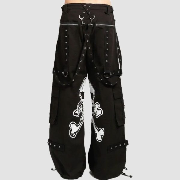 Gothic Black Skull Cargo Pants Gothic black skull cargo pants featuring oversized skull print, utility cargo pockets, metal ring hardware, and wide-leg alternative streetwear styling