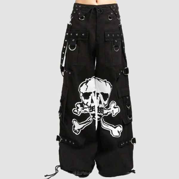 Gothic Black Skull Cargo Pants Gothic black skull cargo pants featuring oversized skull print, utility cargo pockets, metal ring hardware, and wide-leg alternative streetwear styling