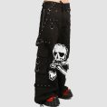 Gothic black skull cargo pants featuring oversized skull print, utility cargo pockets, metal ring hardware, and wide-leg alternative streetwear styling