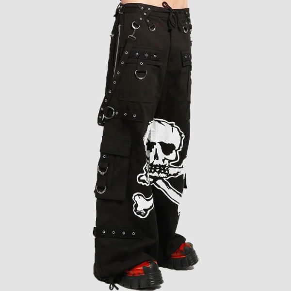 Gothic Black Skull Cargo Pants Gothic black skull cargo pants featuring oversized skull print, utility cargo pockets, metal ring hardware, and wide-leg alternative streetwear styling