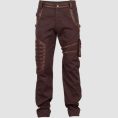 Mens brown steampunk pants with utility strap detailing, decorative hardware, and Victorian-inspired alternative fashion styling