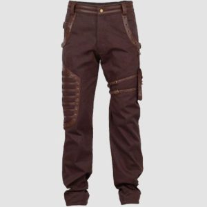 Mens brown steampunk pants with utility strap detailing, decorative hardware, and Victorian-inspired alternative fashion styling